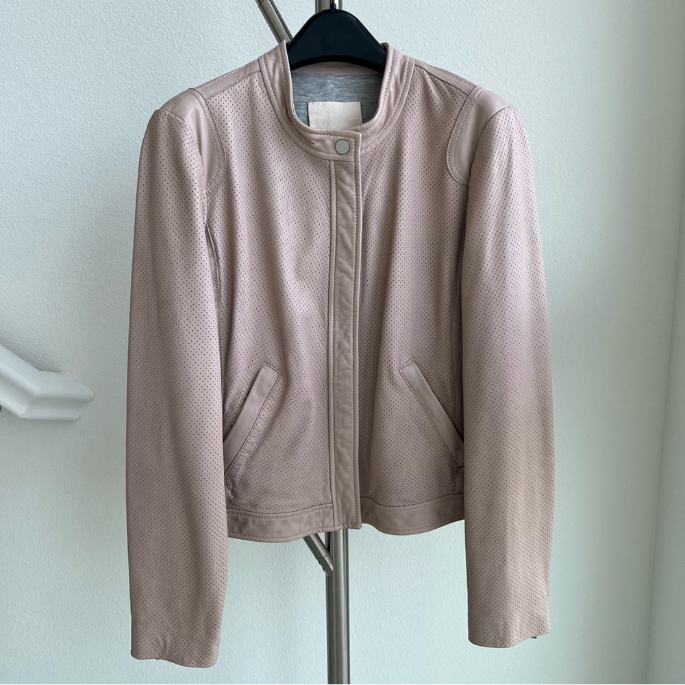 Rebecca Taylor Blush Pink Perforated Zip-Front Leather Bomber Jacket size 10